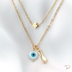 Colar duplo (trevo, figa e olho grego) banhado a ouro 18k