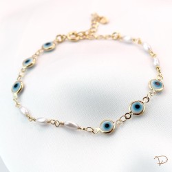 Pulseira de olho grego e pérolas banhado a ouro 18k