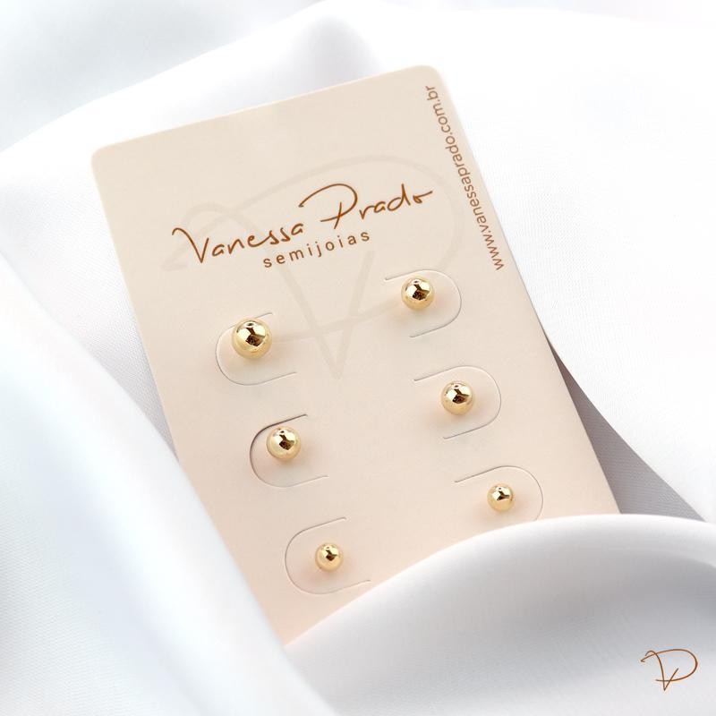 Trio de brincos bolinhas banhado a ouro 18k