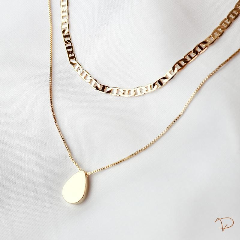 Colar duplo de elo e pingente gota lisa banhado a ouro 18k