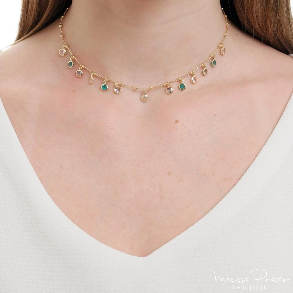 Choker de cristais coloridos banhado a ouro 18k