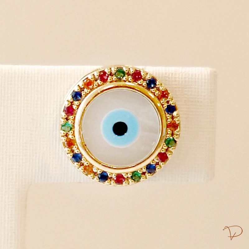 Brinco de olho grego em madre pérola com cravejado colorido banhado a ouro 18k