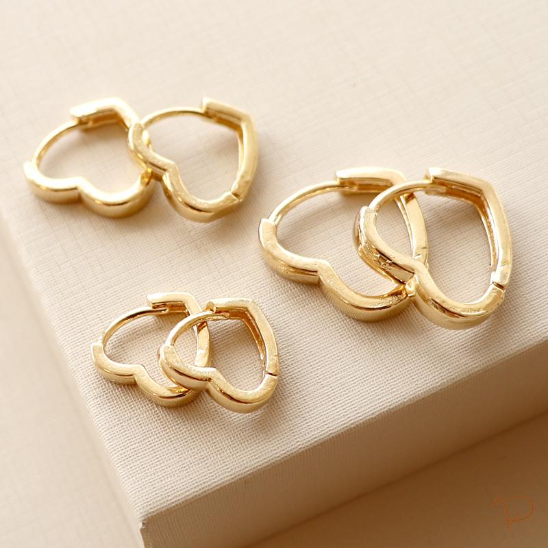 Trio de brincos argola coração liso banhado a ouro 18k