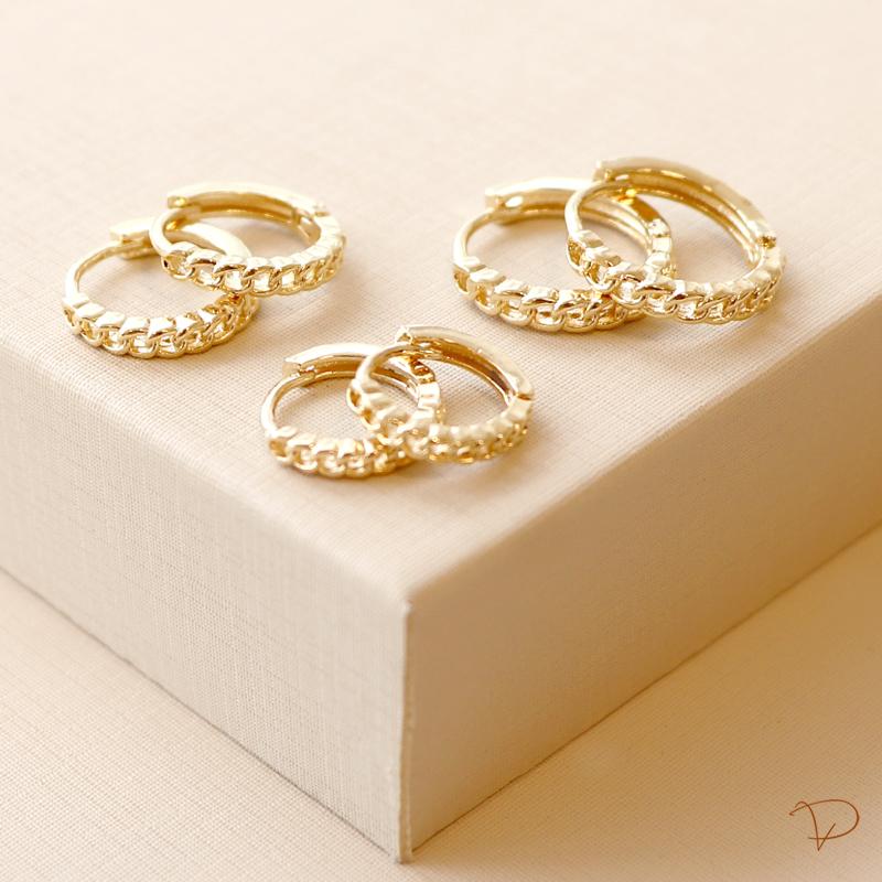 Trio de brincos argola corrente banhado a ouro 18k