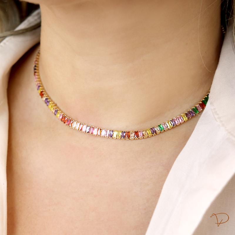 Choker Riviera baquetado colorido banhado a ouro 18k