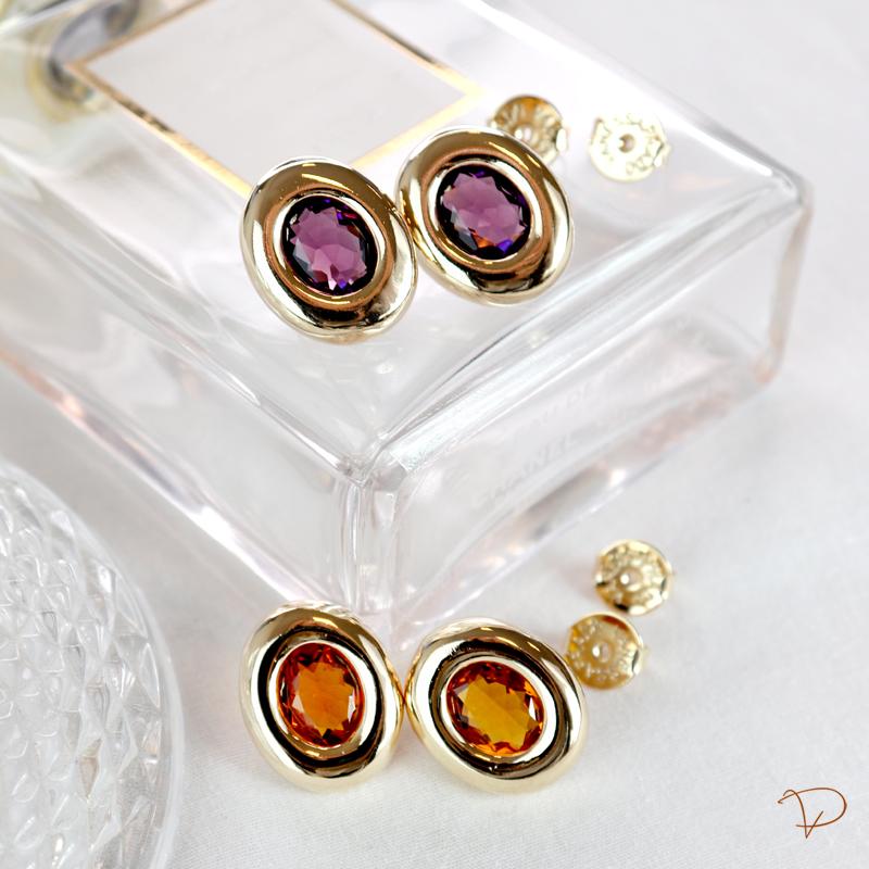 Brinco oval cristal citrino banhado a ouro 18K