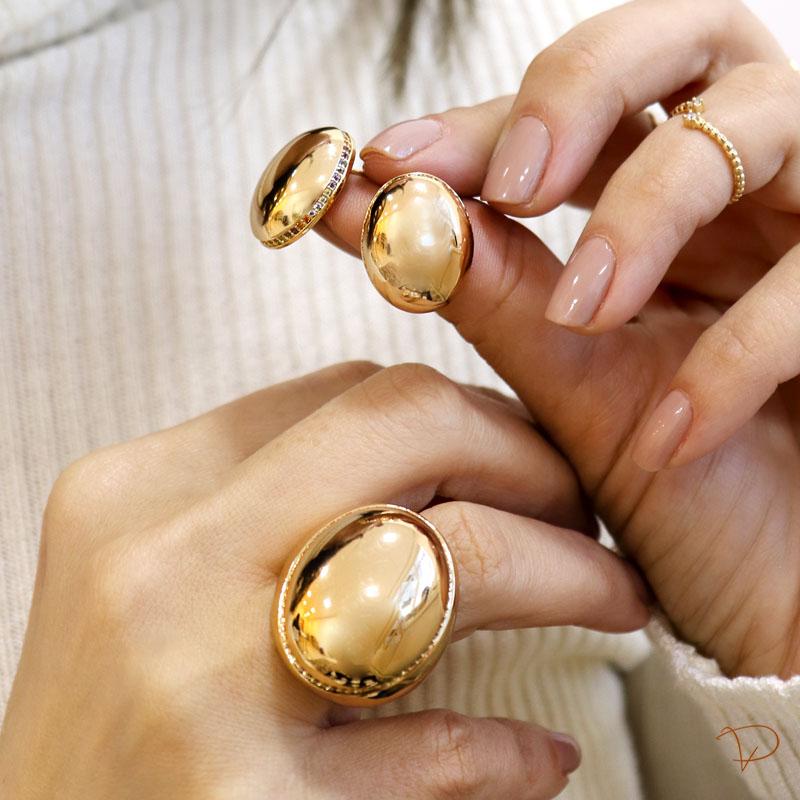 Linha Maison VP - Conjunto anel e brincos bojudos com  cravejado ao redor banhado a ouro 18k