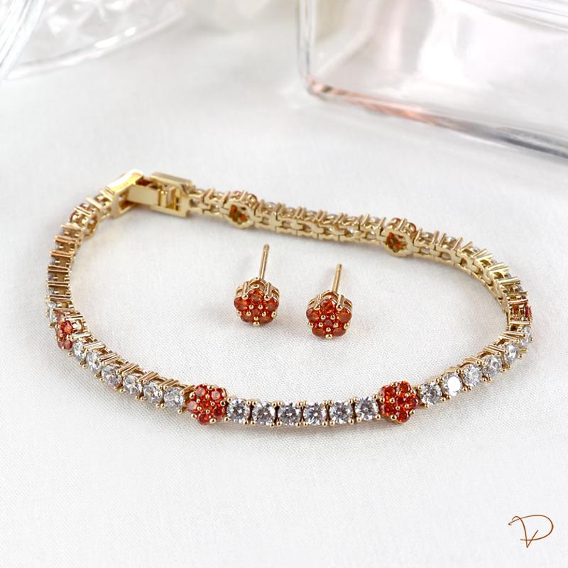 Linha Maison VP- Conjunto pulseira e brinco  com flores laranjas banhado a ouro 18K