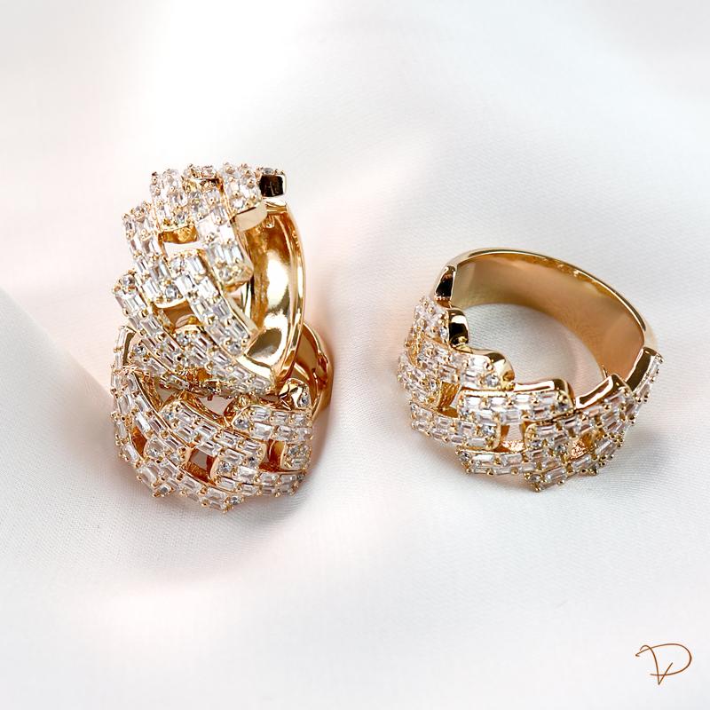 Linha Maison VP - Conjunto anel e brinco de argola elos baguetados banhado a ouro 18k