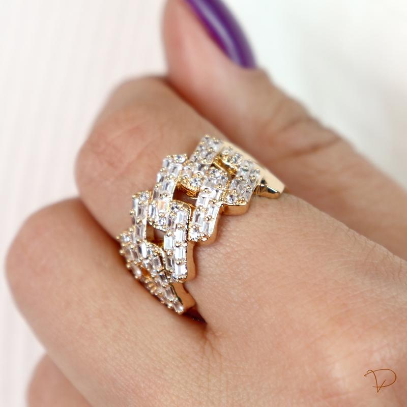 Linha Maison VP - Conjunto anel e brinco de argola elos baguetados banhado a ouro 18k