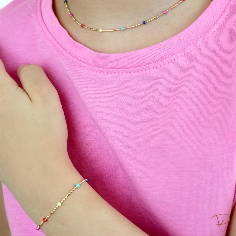 Pulseira infantil bolinhas coloridas banhado a ouro 18k