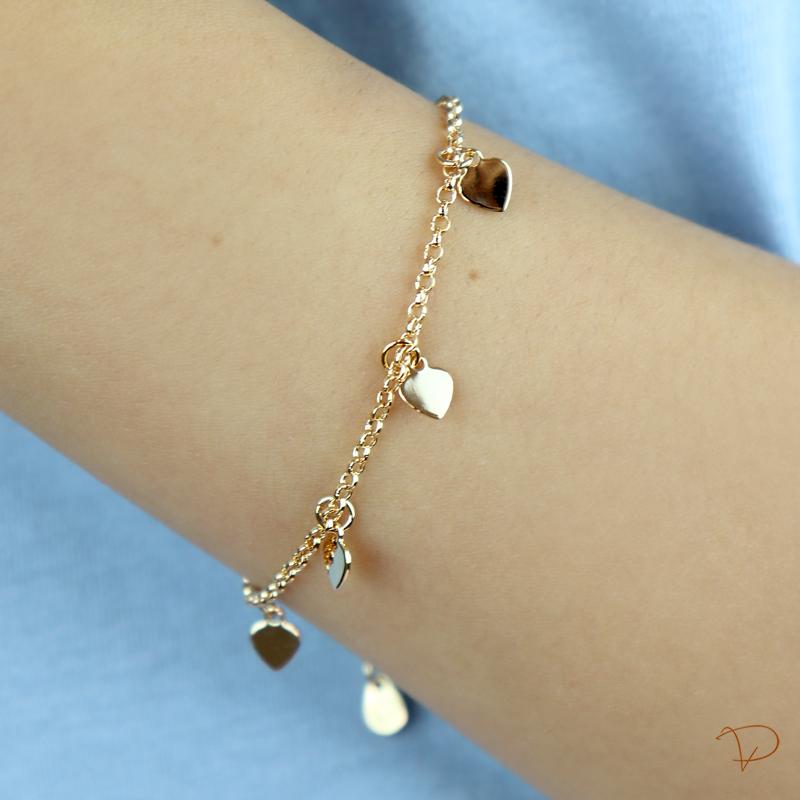 Pulseira infantil com medalhas de corações banhado a ouro 18k