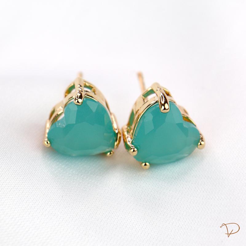 Conjunto colar e brinco coração turmalina com zircônias coloridas ao redor banhado de ouro 18k