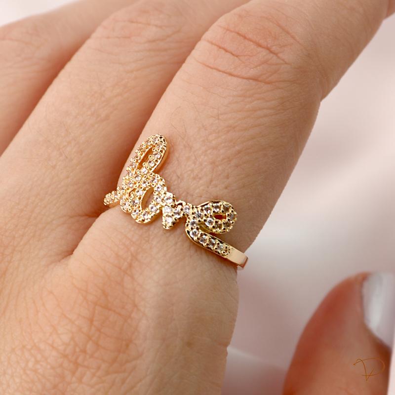 Anel Love cravejado banhado a ouro 18k