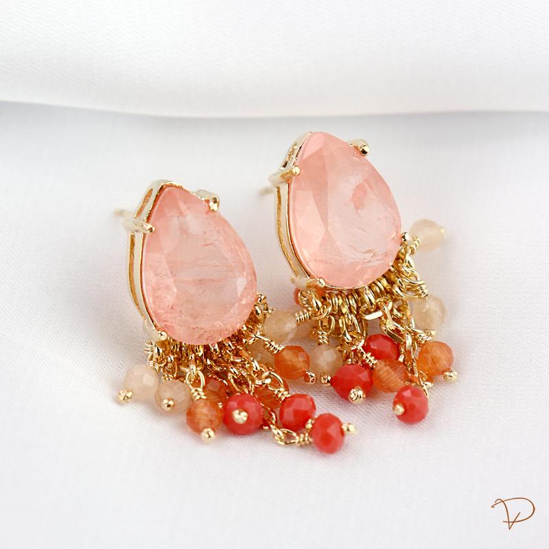 Linha Maison VP- Brinco gota coral / laranja com franja de zircônias degrade banhado a ouro 18k