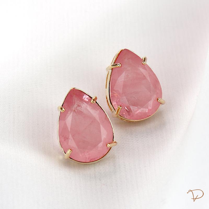 Linha Maison VP - Brinco gota grande pink banhado a ouro 18k