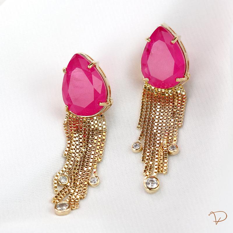 Linha Maison VP - Brinco gota grande pink com franja e zircônias nas pontas banhado a ouro 18k