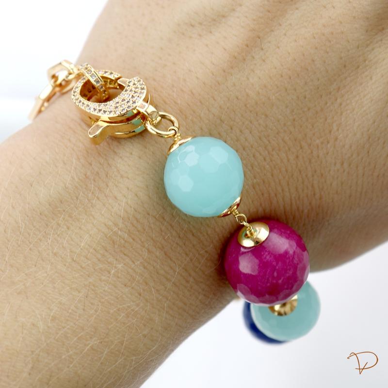 Pulseira de elos ovais e bolas de jade coloridas banhado a ouro 18k