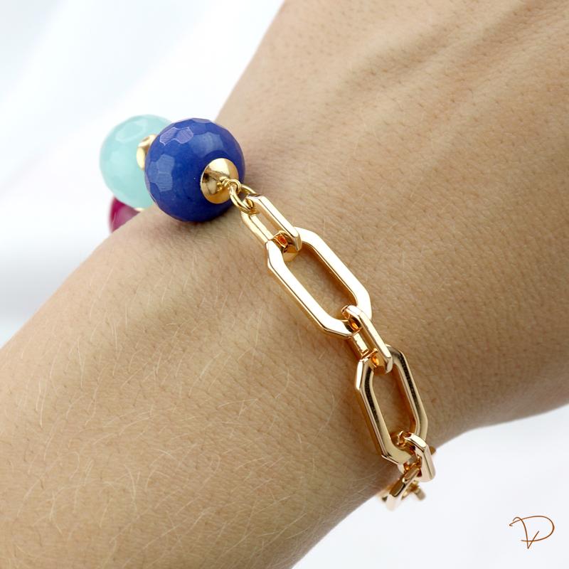 Pulseira de elos ovais e bolas de jade coloridas banhado a ouro 18k