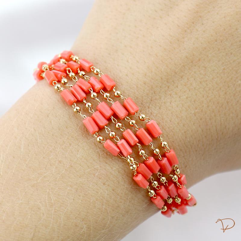 Pulseira com cinco fios de pedras na cor laranja banhado a ouro 18k