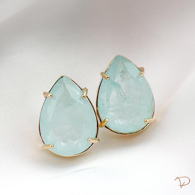 Brinco gota pedra fuzion azul banhado a ouro 18k
