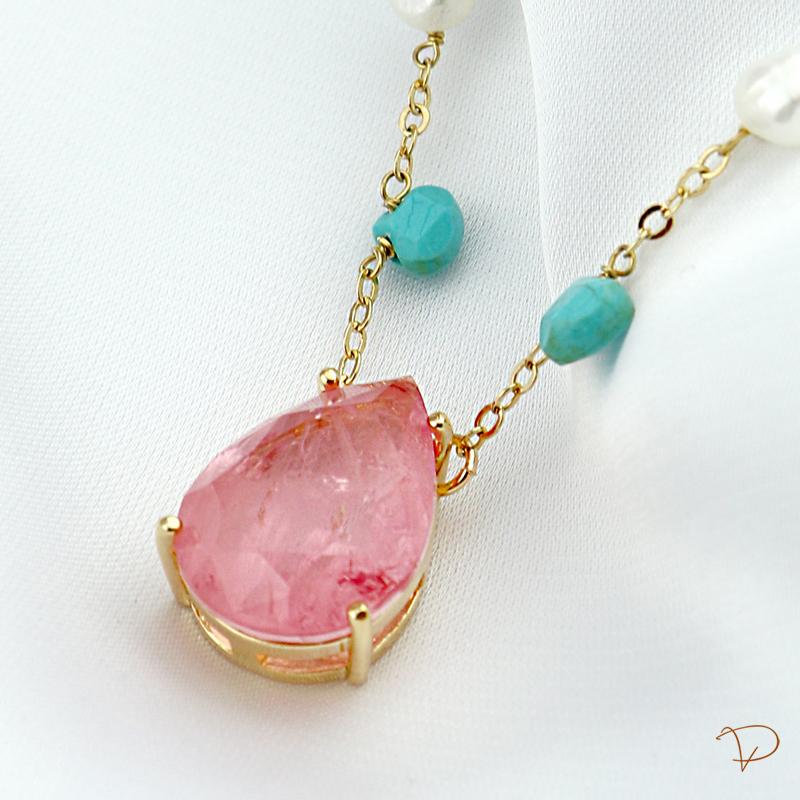 Colar pedra natural turquesa, pérolaa e gota fuzion pink banhado a ouro 18k