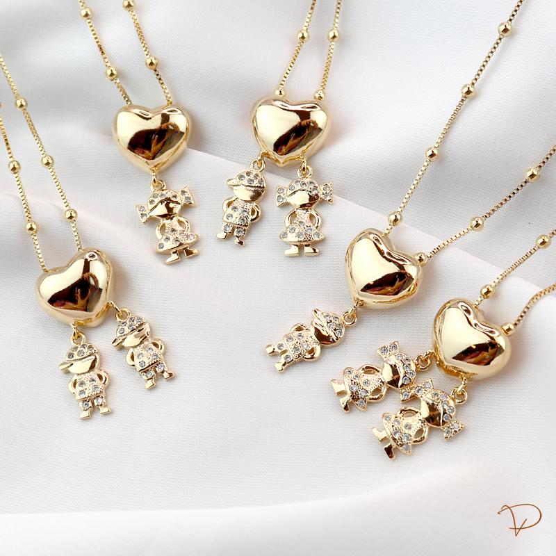 Colar de bolinhas coração liso e 2 meninas banhado a ouro 18k