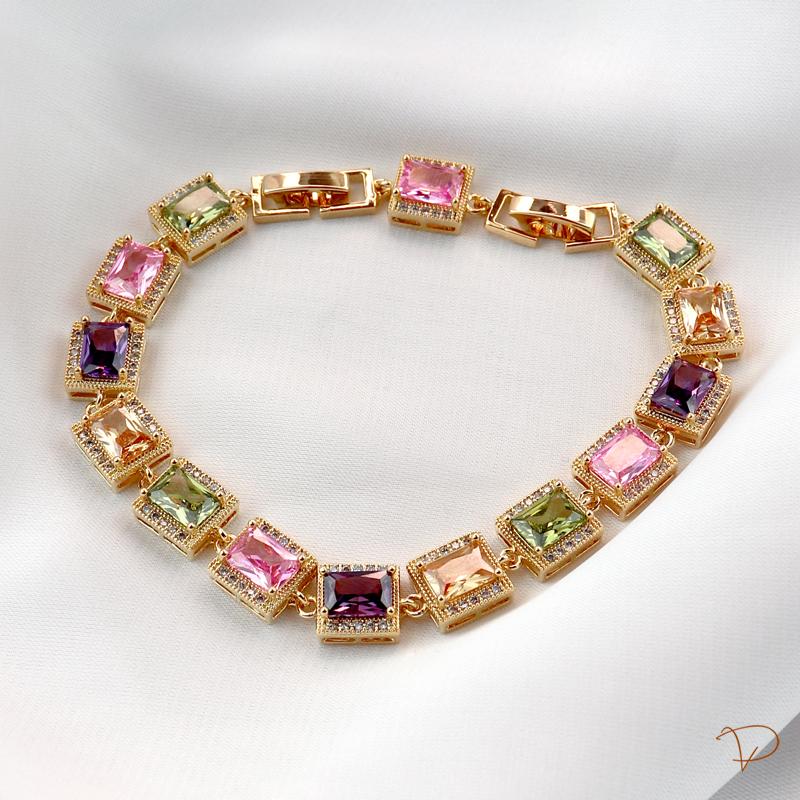 Pulseira de zircônias retangulares coloridas banhado a ouro 18k