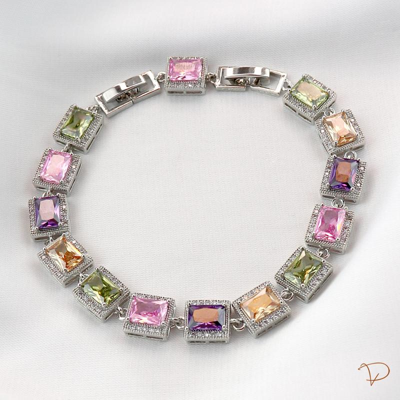 Pulseira de zircônias retangulares coloridas ródio branco banhado a ouro 18k