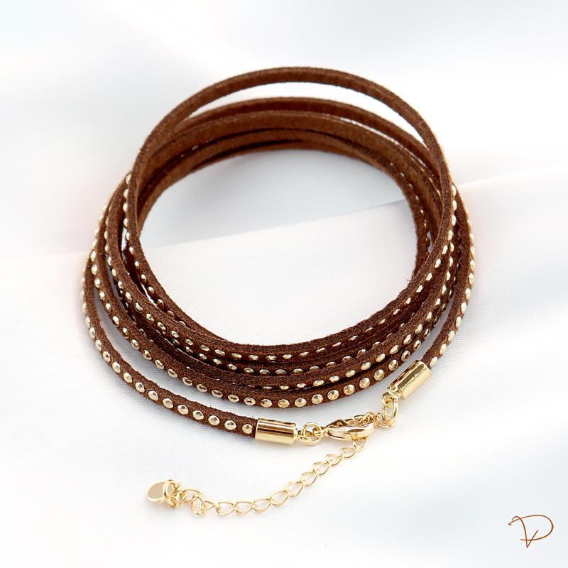 Pulseira de couro com bolinhas douradas banhado a ouro 18k