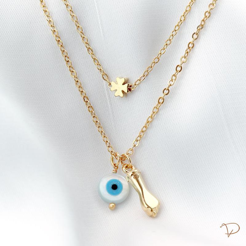 Colar duplo (trevo, figa e olho grego) banhado a ouro 18k