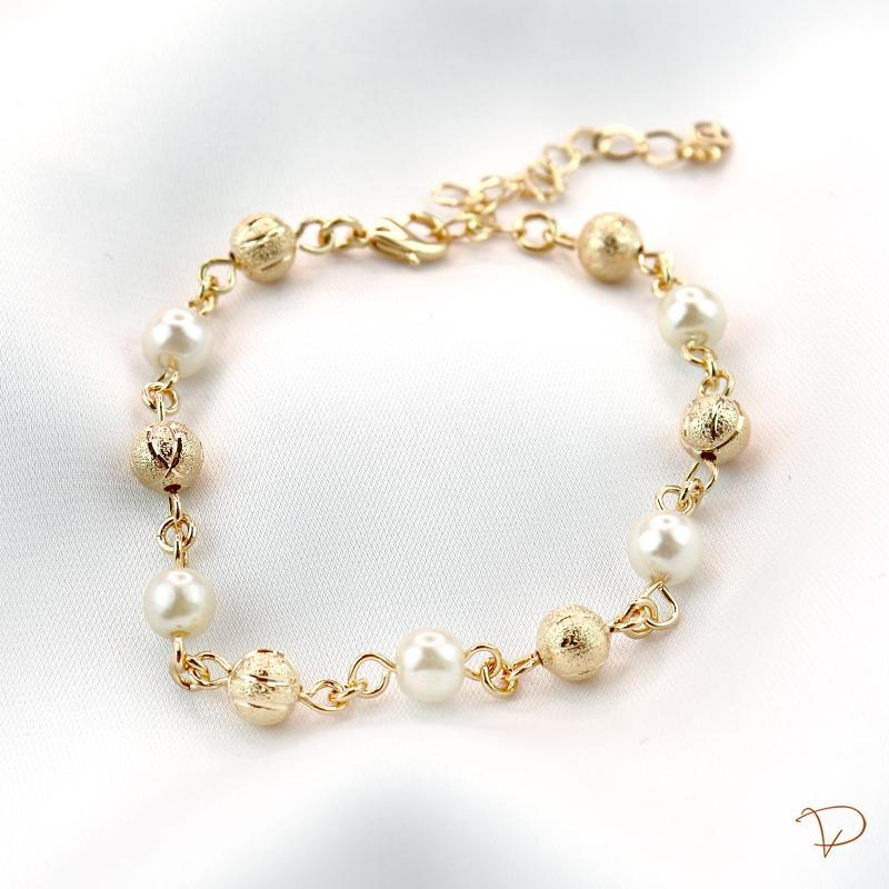 Pulseira bolas foscas e pérolas banhado a ouro 18k
