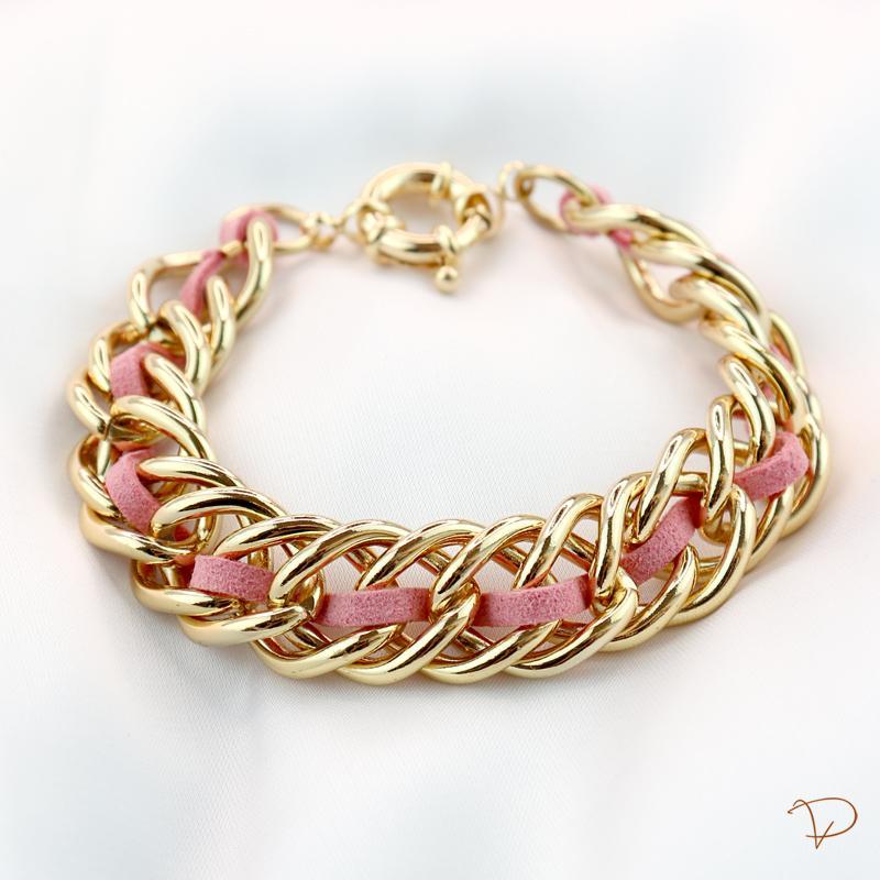 Pulseira elos entrelaçados com couro rosa banhado a ouro 18k