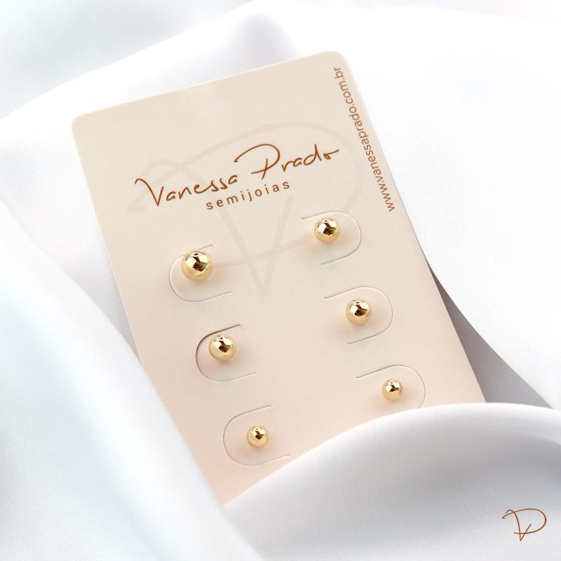 Trio de brincos bolinhas banhado a ouro 18k