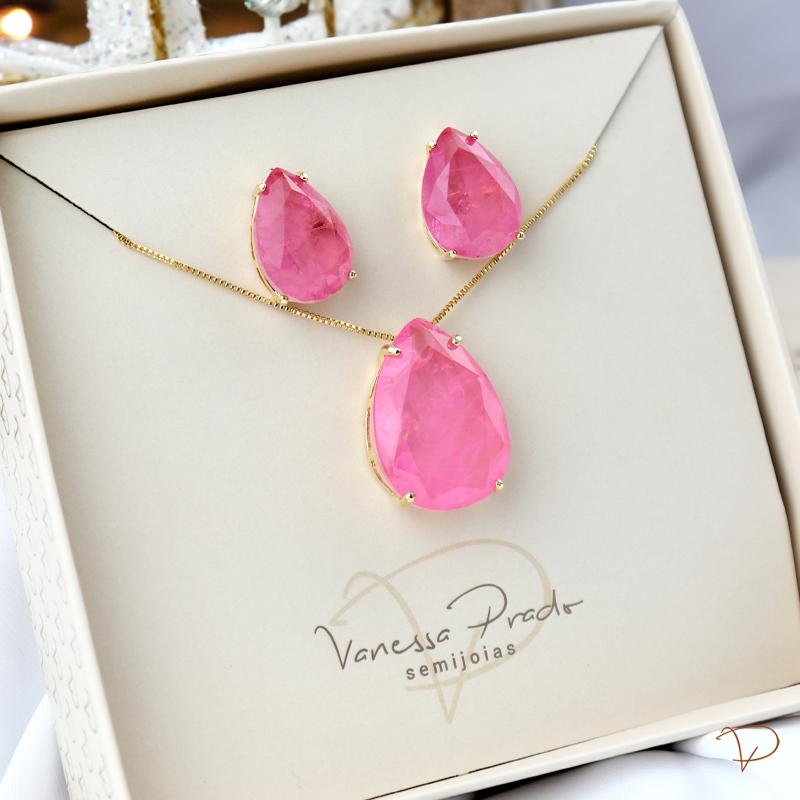 Conjunto colar e brinco gota rosa banhado a ouro 18k