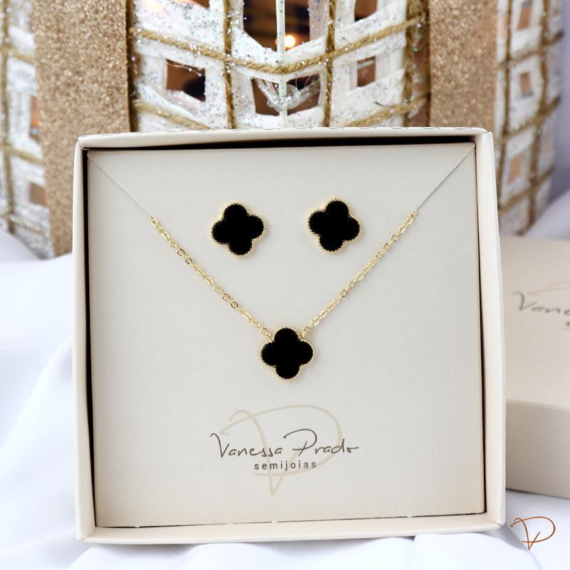 Conjunto colar e brinco inspiração de alta joalheria preto e bolinhas banhado a ouro 18k