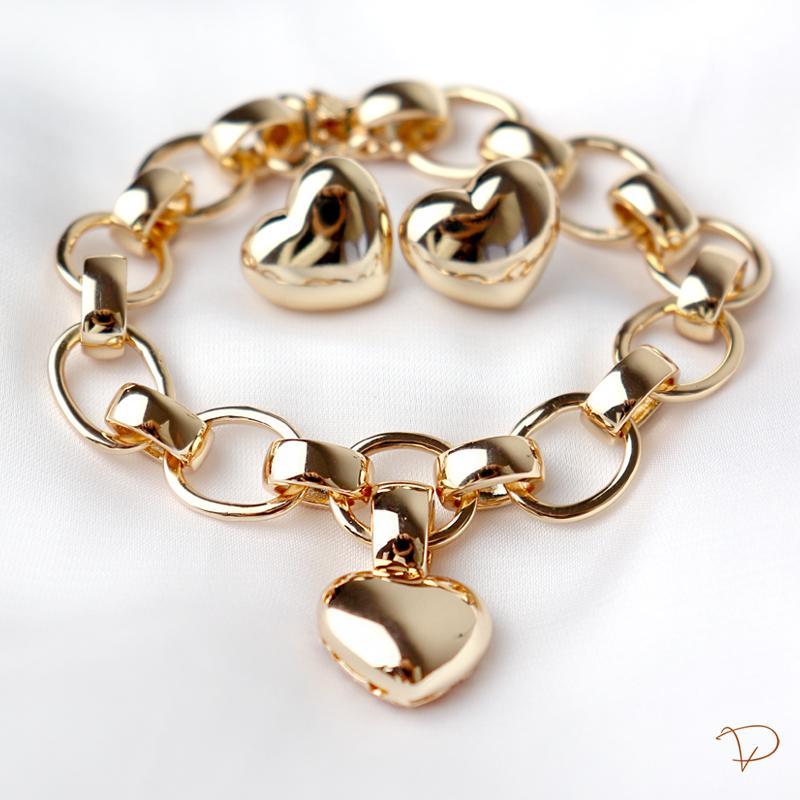 Conjunto pulseira e brinco elos e coração bojudo liso banhado a ouro 18k