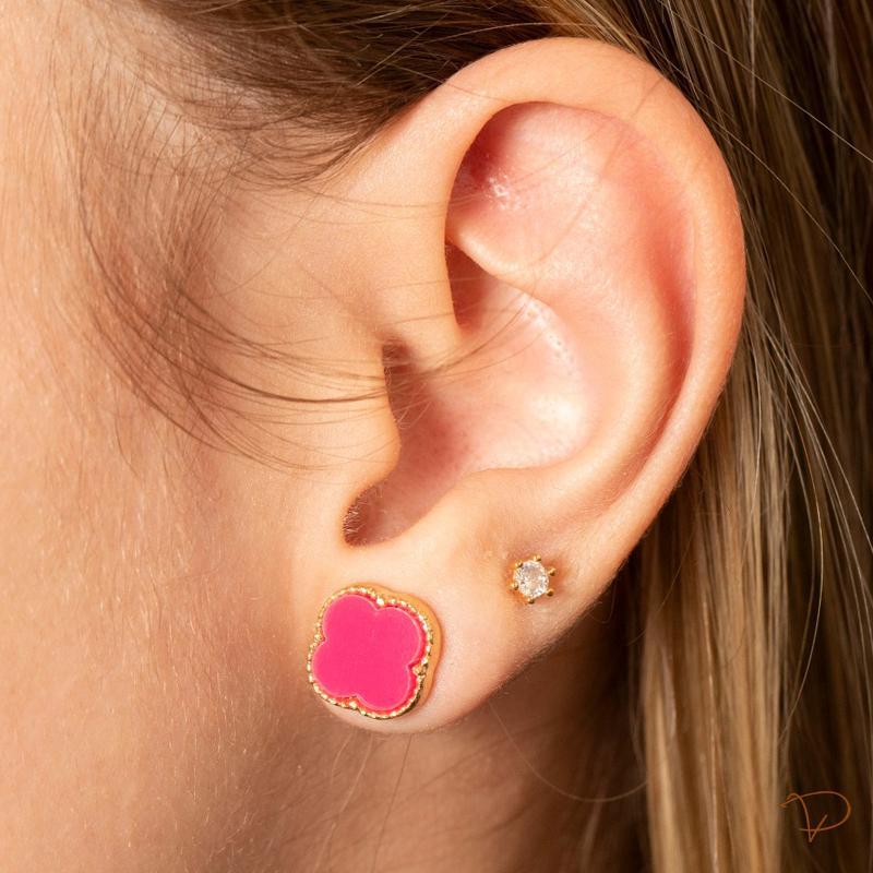 Kit Colar, Brinco e Pulseira Inspiração trevo pink Banhado á Ouro 18k