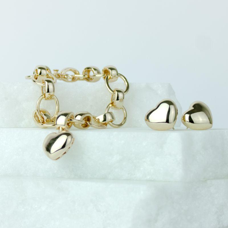 Conjunto Pulseira e Brinco Coração Liso Bojudo Elos Ovalados Banhado a Ouro 18k
