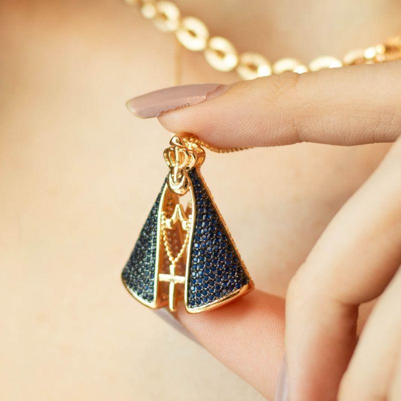 Colar Nossa Senhora Dupla Face Cravejada Banhada a Ouro 18k