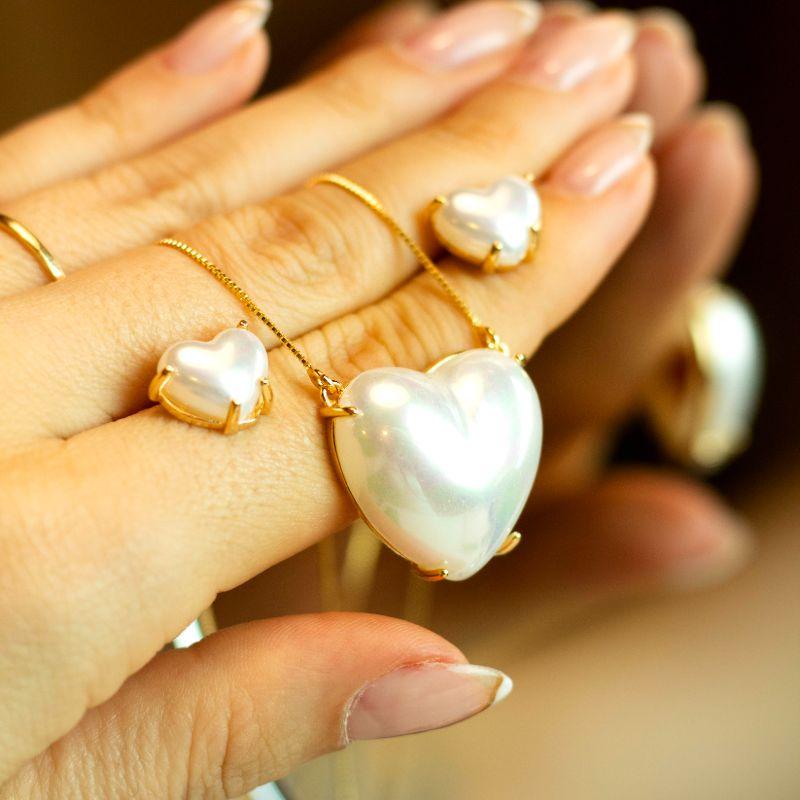 Conjunto Colar e Brinco Coração de Pérola Banhado a Ouro 18k