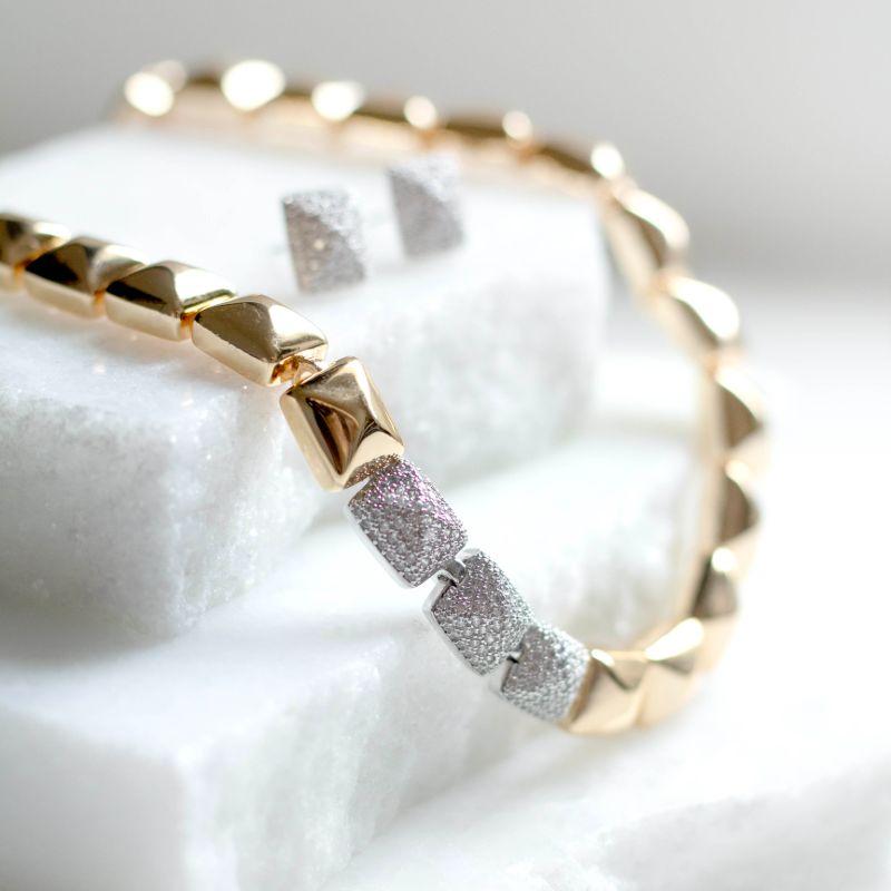 Conjunto Colar e Brinco Gomos Quadrados Lisos e Cravejados Banhado a Ouro 18k