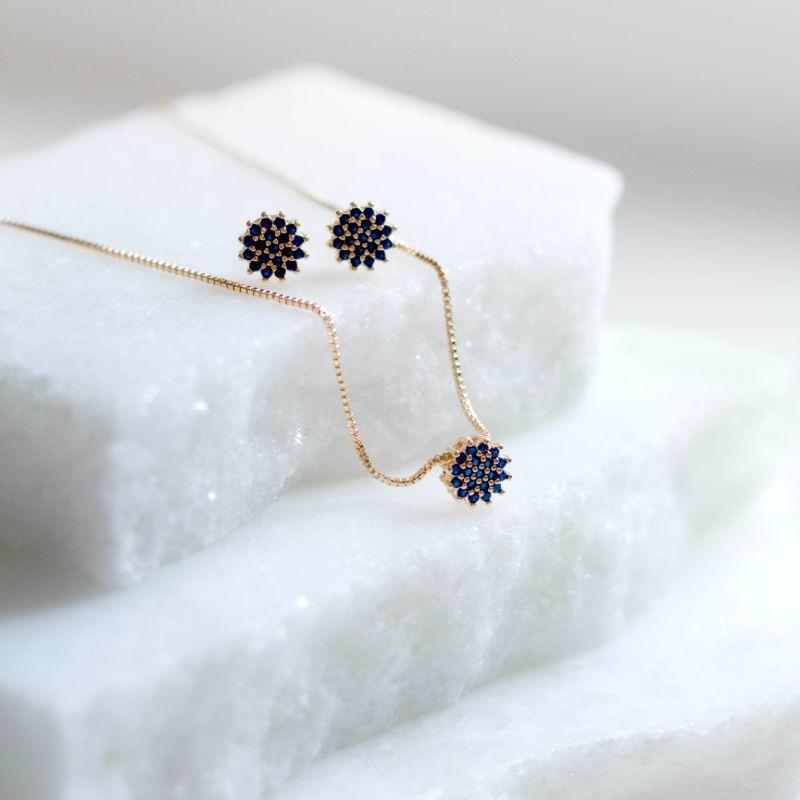 Conjunto Colar e Brinco Redondo Cravejado Azul Banhado a Ouro 18k