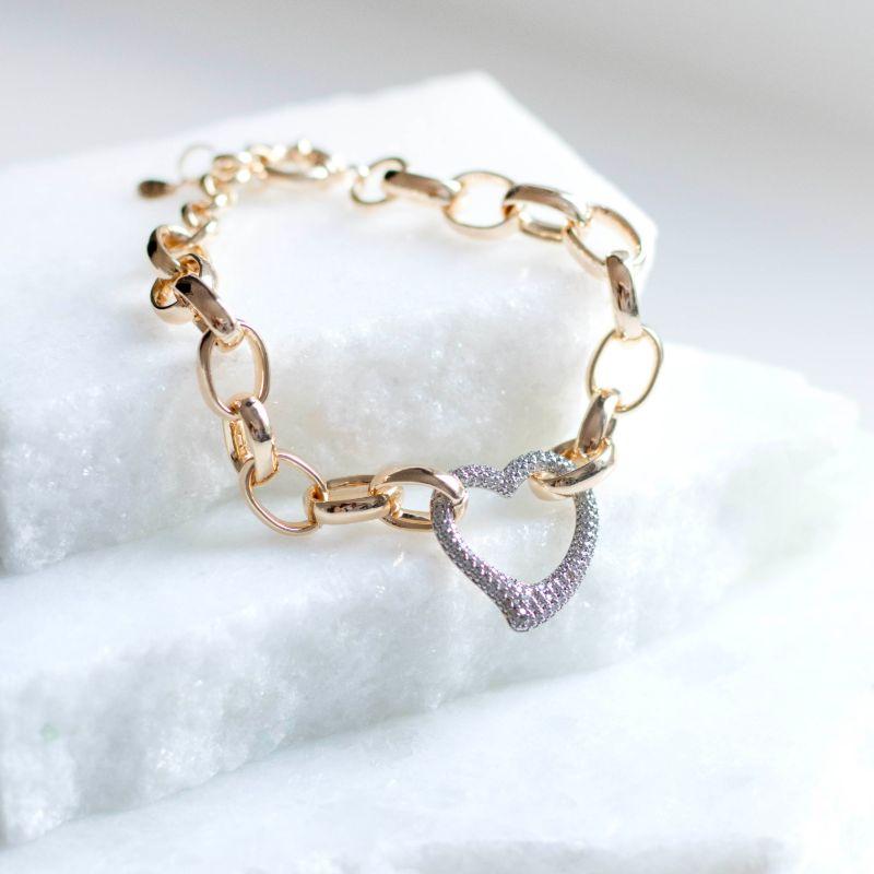 Pulseira Elos Ovais Lisos com Coração Cravejado Banhado no Ouro 18k